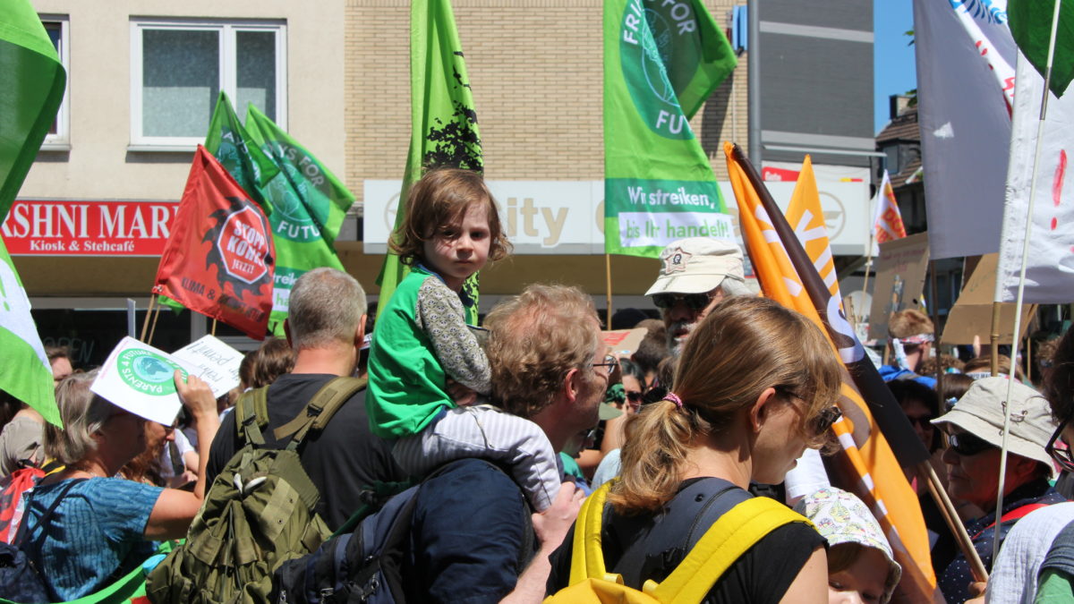 Viele Menschen sind auf einer Demonstration von Fridays for Future. Sie halten verschiedene Fahnen.