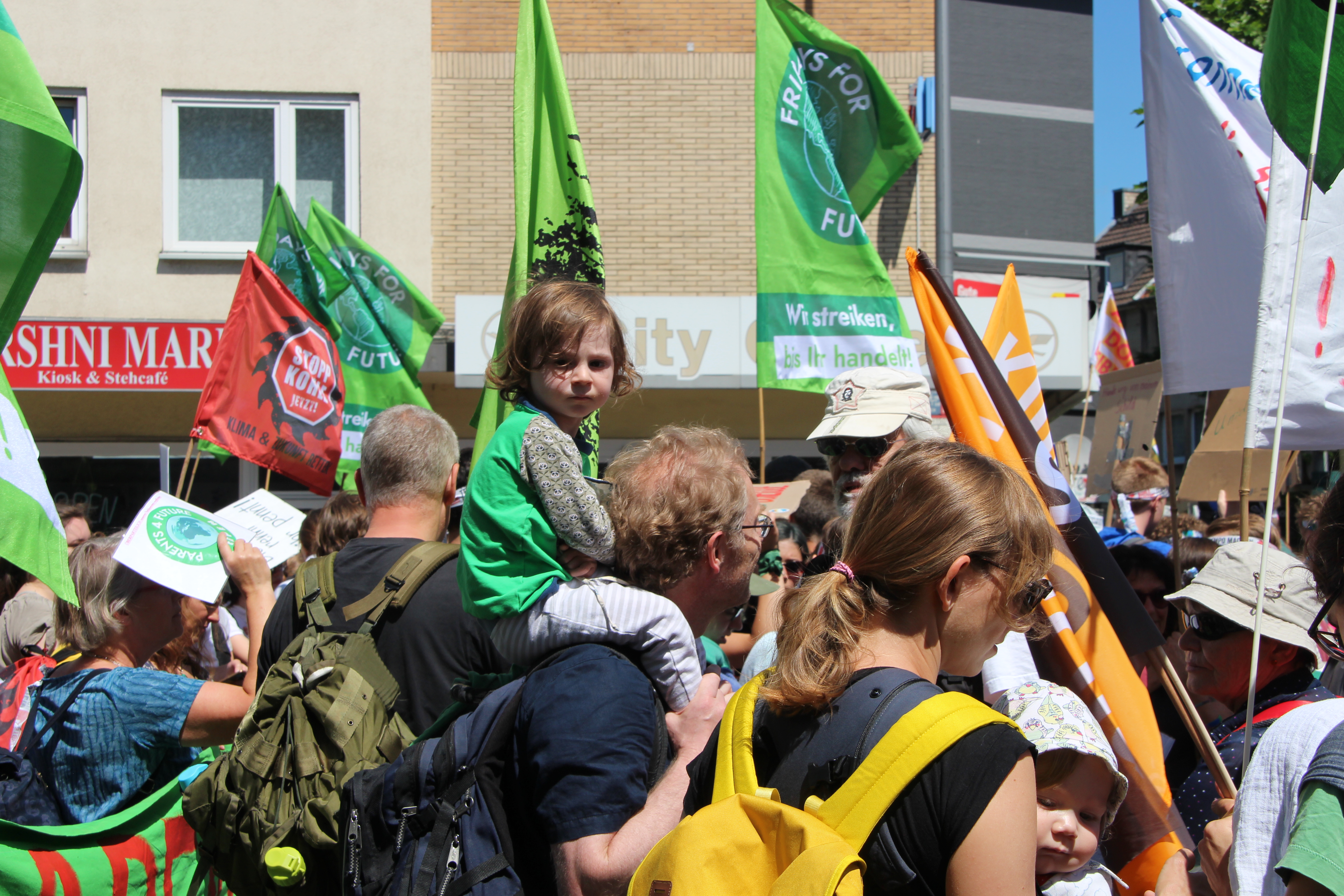 Viele Menschen sind auf einer Demonstration von Fridays for Future. Sie halten verschiedene Fahnen.